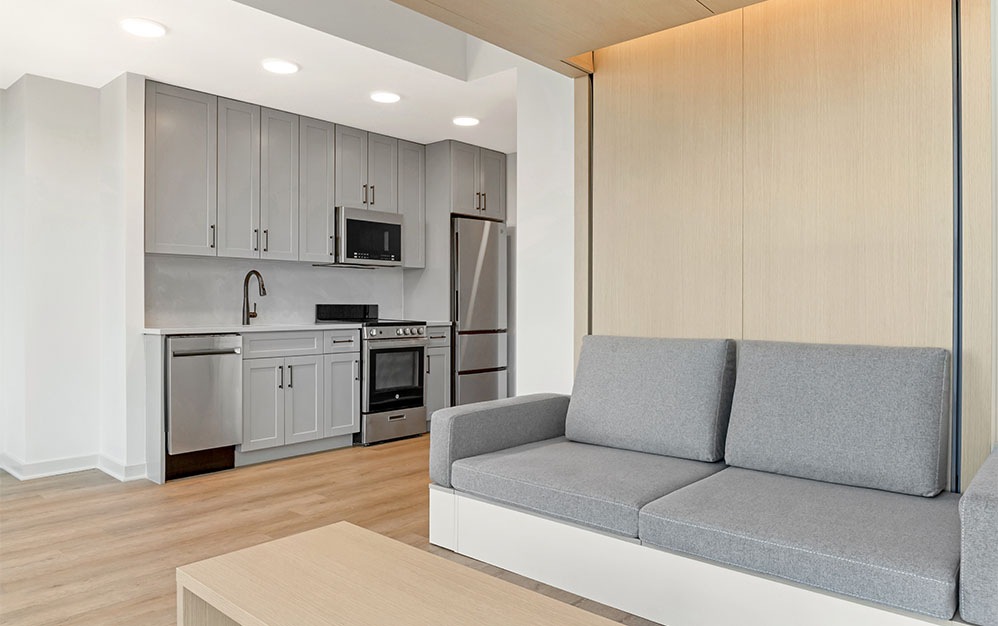 S2 - Studio floorplan layout with 1 bath and 439 square feet. (Living/Kitchen)
